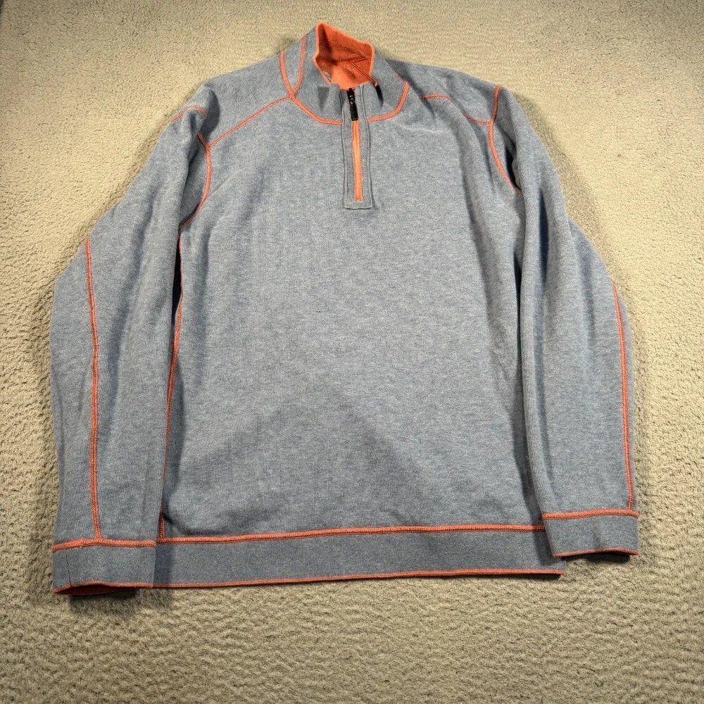 Tommy Bahama Sweater Men's XL Orange Knit‎ Quarter Zip Reversible Preppy Holiday